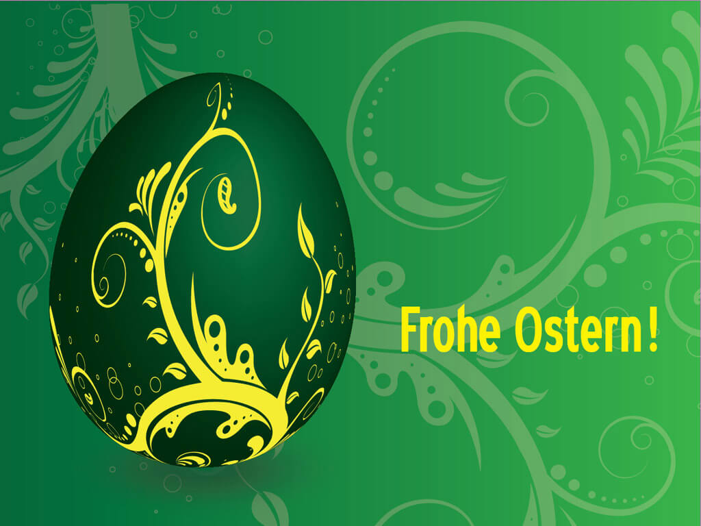 Osterei - dunkelgrün mit gelben Ornamenten - Frohe Ostern