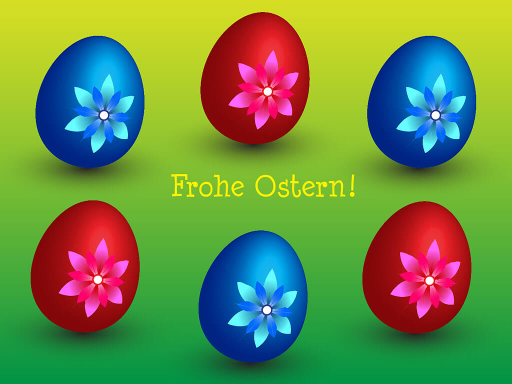 Rote und blaue Ostereier mit Blumenmotiven - Frohe Ostern