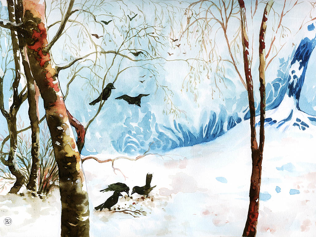 Vögel fressen im Winterwald - Wintermärchen - Kostenloses Hintergrundbild