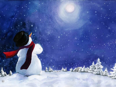 Wintermärchen - Schneemann mit Mond in der Nacht