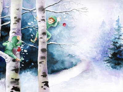 Wintermärchen - Grüne Koboldkinder spielen Schneeball an einem Winterbaum, Schnee im Hintergrund