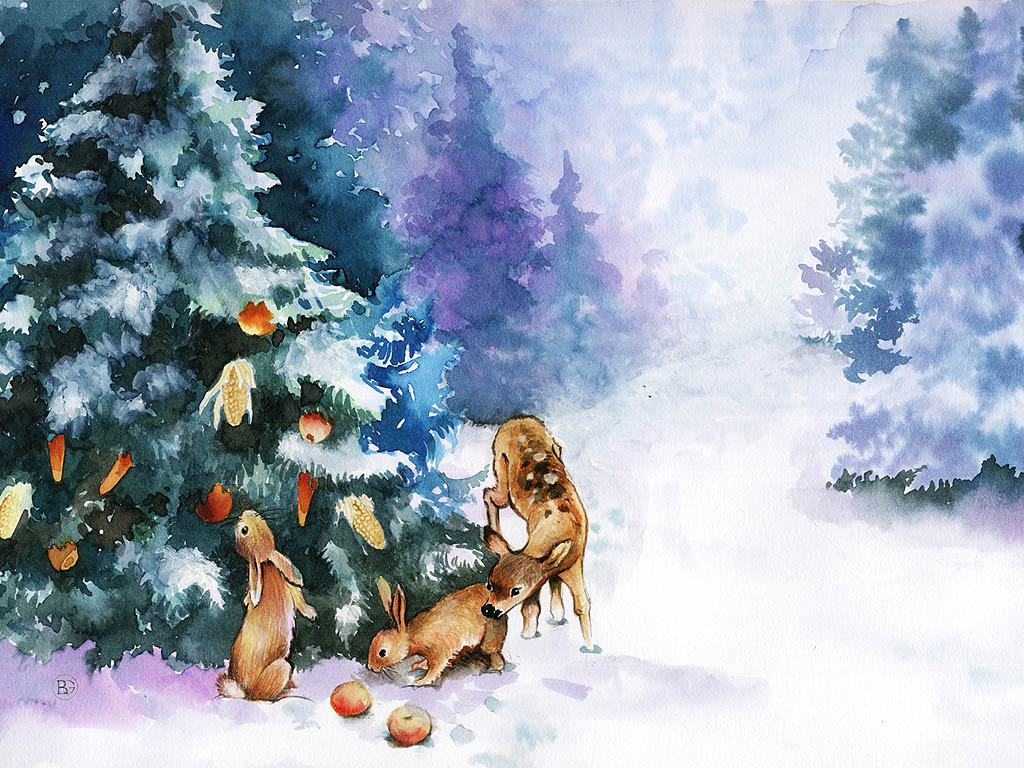 Ein Reh und zwei Kaninchen im Winterwald - Wintermärchen - Kostenloses Hintergrundbild