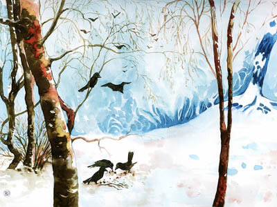 Wintermärchen - Vögel fressen im Winterwald