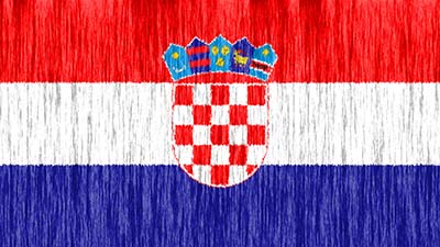 Kroatische Nationalflagge Streifen Rot, Weiß und Blau, Wappen Kroatiens.