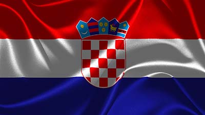 Kroatische Nationalflagge Streifen Rot, Weiß und Blau, Wappen Kroatiens.
