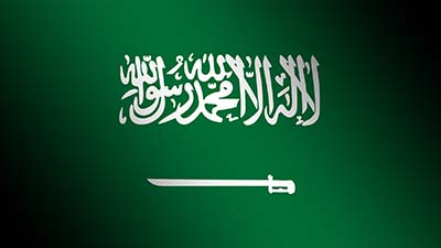 Flagge Saudi-Arabien - Die Nationalflagge zeigt auf grünem Grund ein weißes, waagerecht angeordnetes Schwert, darüber weiße arabische Buchstaben.