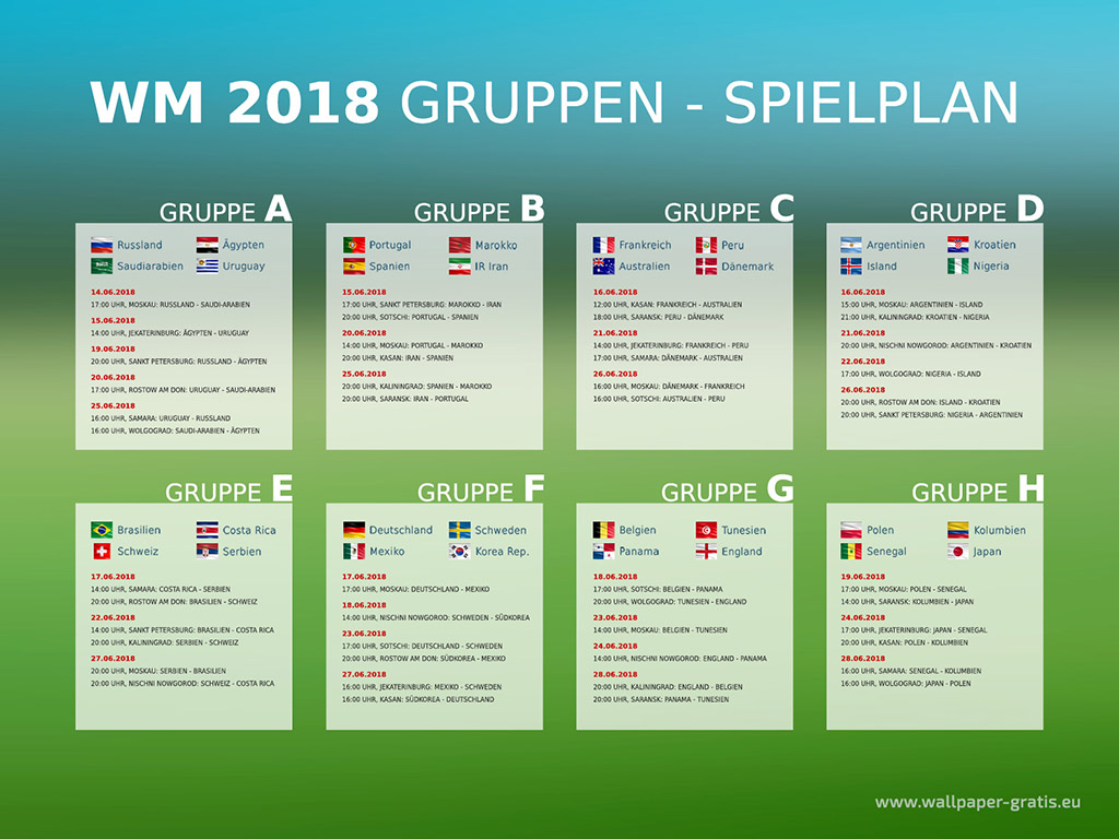 Fussball Weltmeisterschaft 2018 - Russland - Gruppen Spielplan