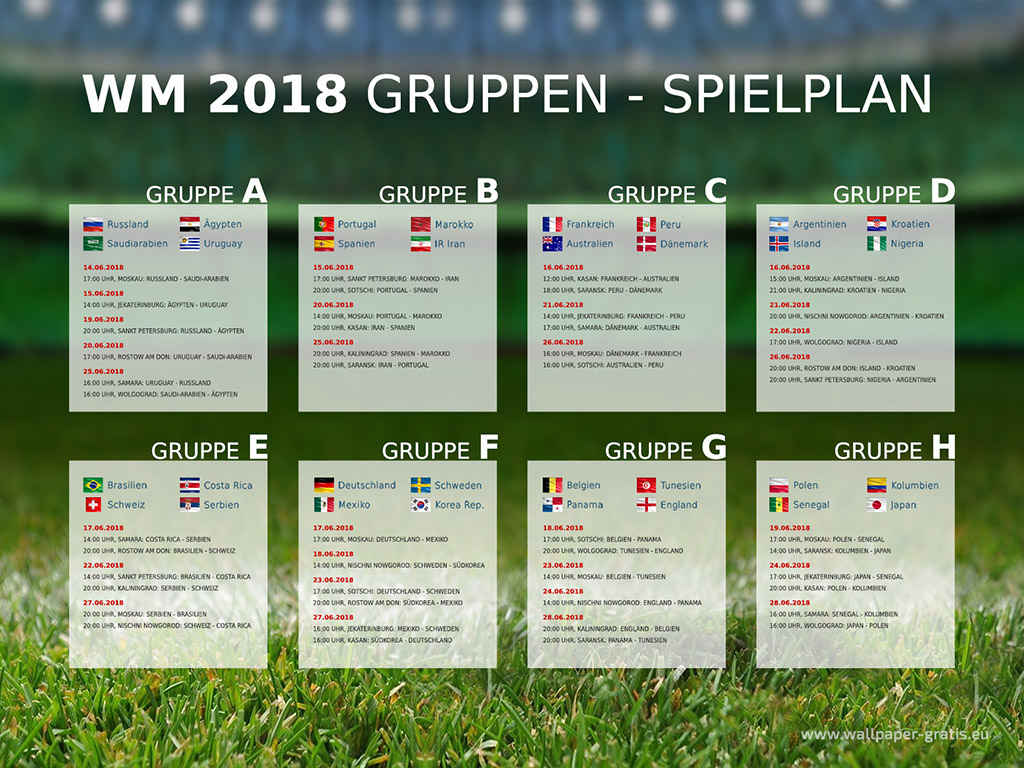 Fussball Weltmeisterschaft 2018 - Russland - Gruppen Spielplan