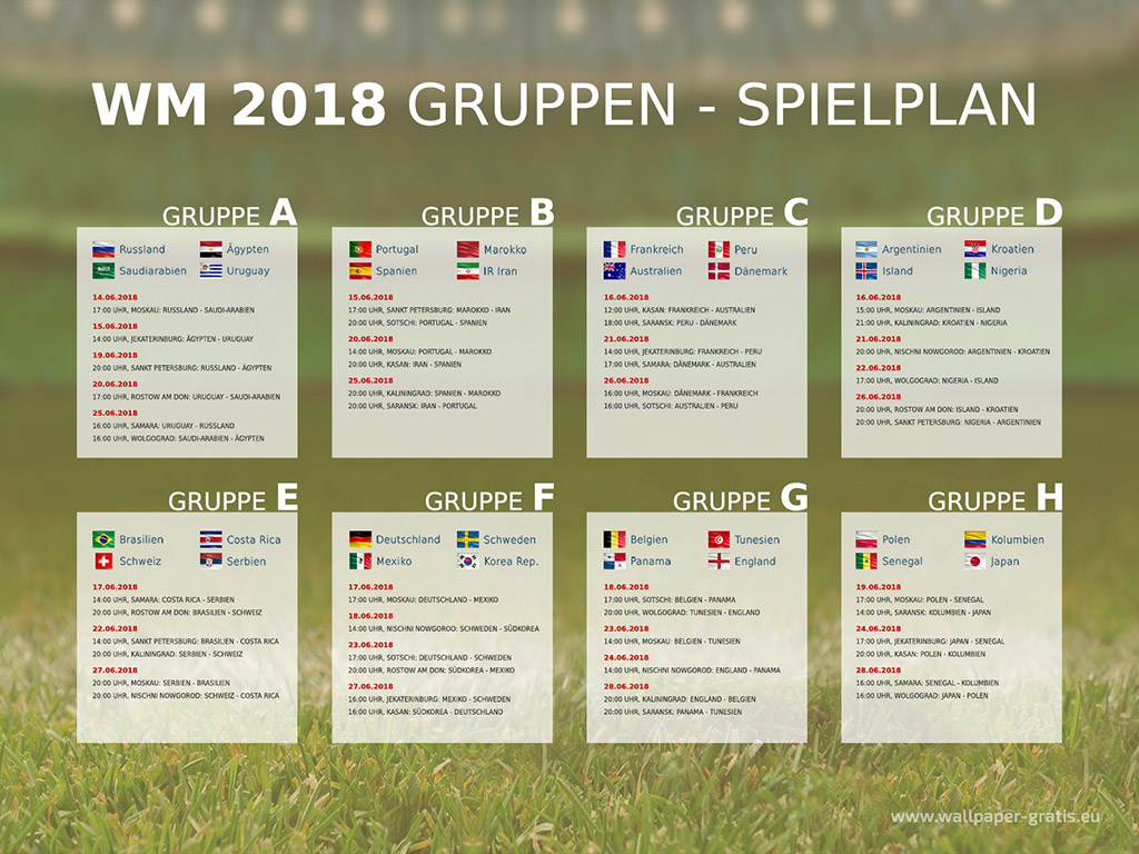 Fussball Weltmeisterschaft 2018 - Russland - Gruppen Spielplan